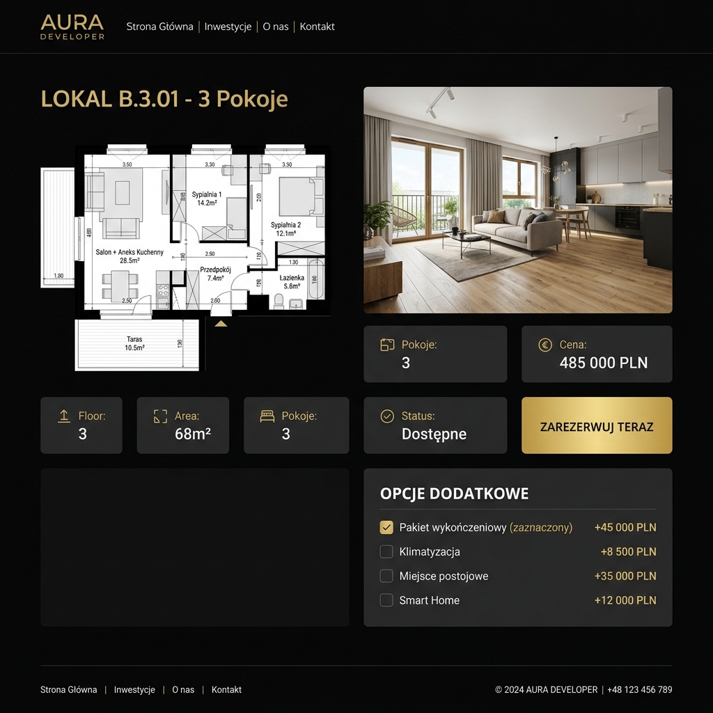 Karta mieszkania z opcjami dodatkowymi